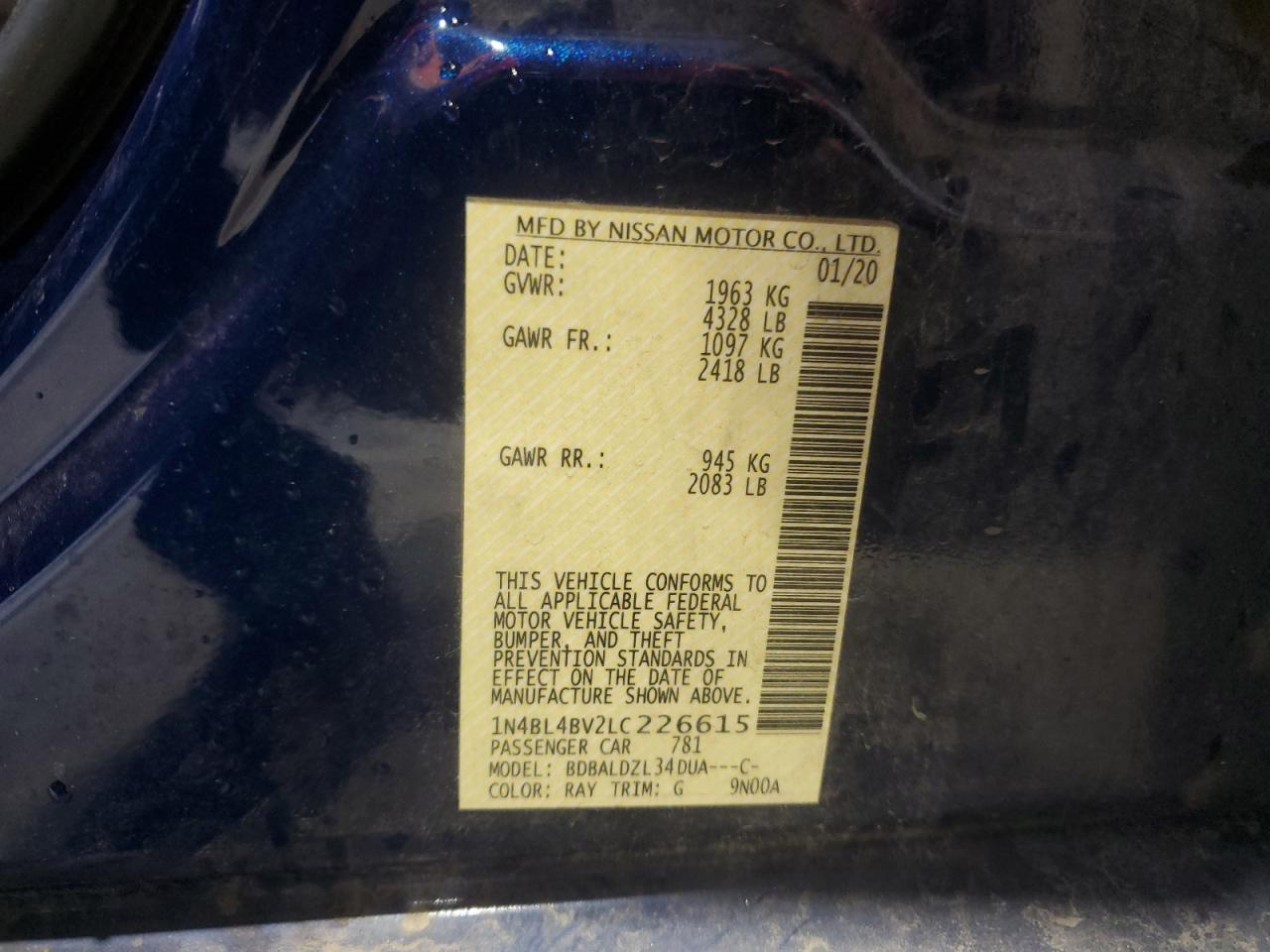 2020 Nissan Altima S VIN: 1N4BL4BV2LC226615 Lot: 81794795