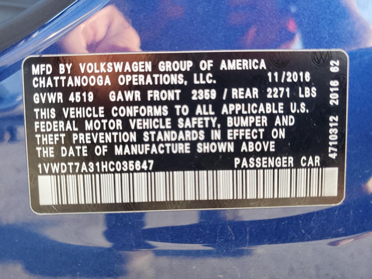 2017 Volkswagen Passat R-Line VIN: 1VWDT7A31HC035647 Lot: 92083485