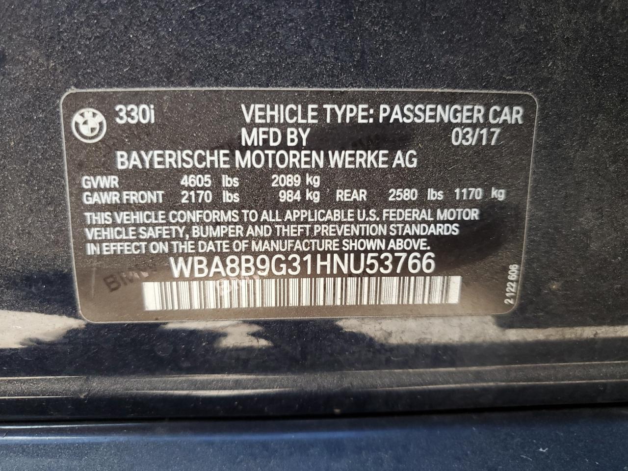 2017 BMW 330 I VIN: WBA8B9G31HNU53766 Lot: 70944665