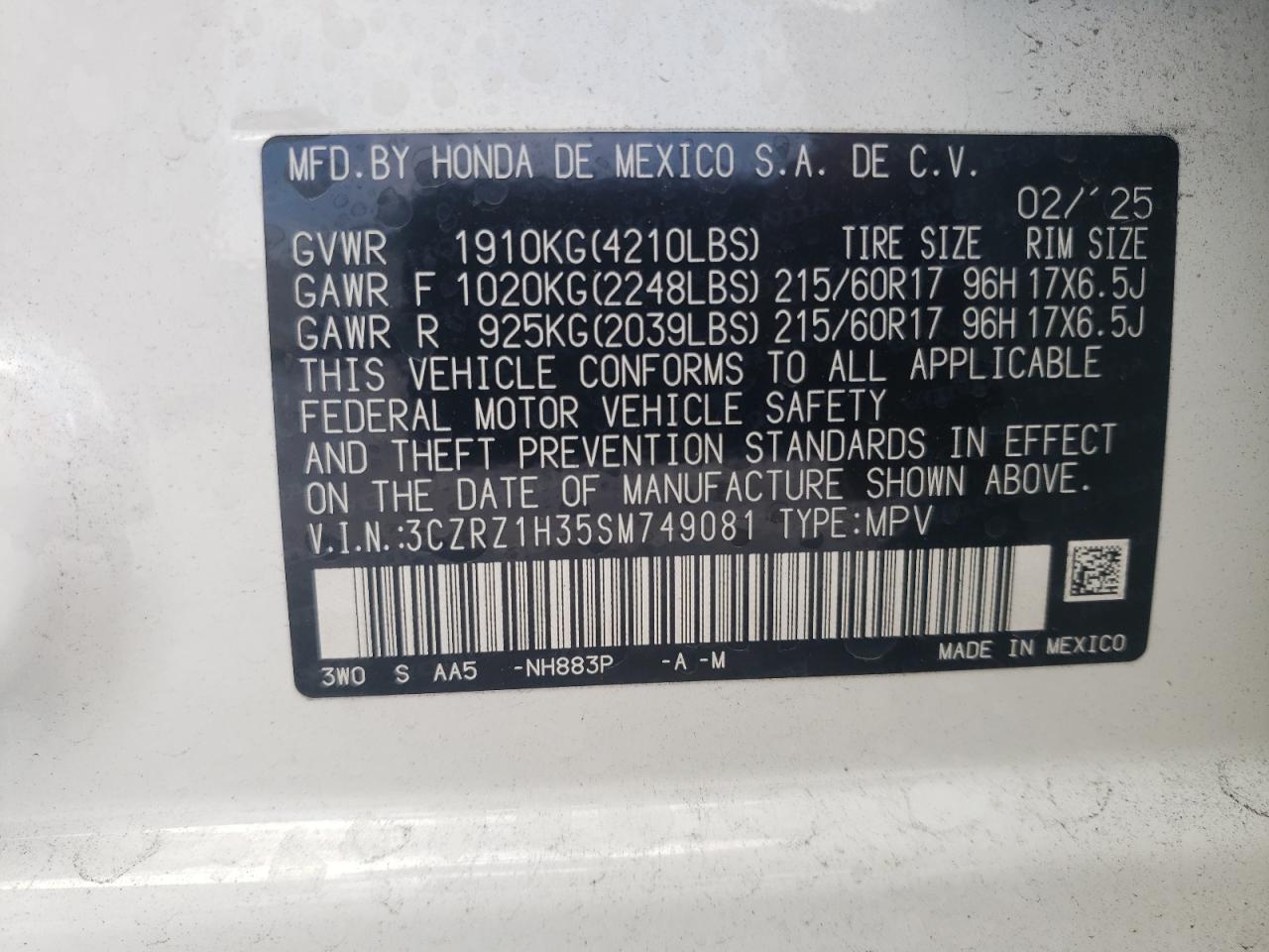 2025 Honda Hr-V Lx VIN: 3CZRZ1H35SM749081 Lot: 80693875