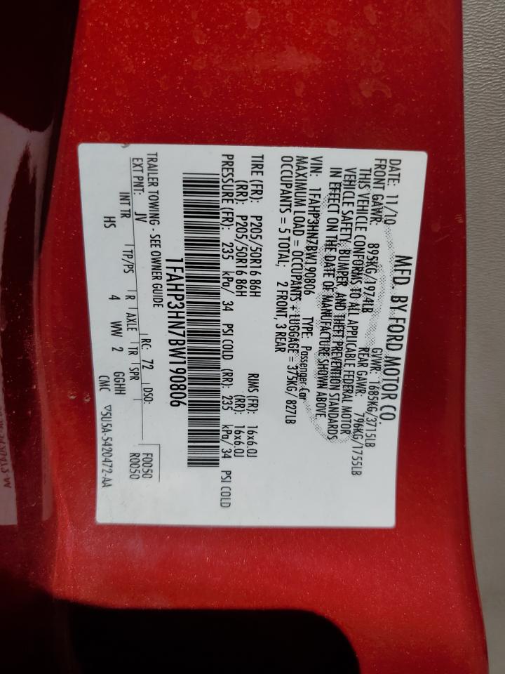 2011 Ford Focus Sel VIN: 1FAHP3HN7BW190806 Lot: 80480785