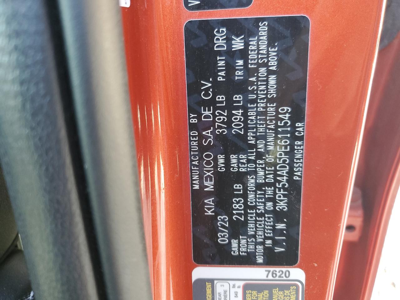 2023 Kia Forte Gt Line VIN: 3KPF54AD5PE611549 Lot: 71118285