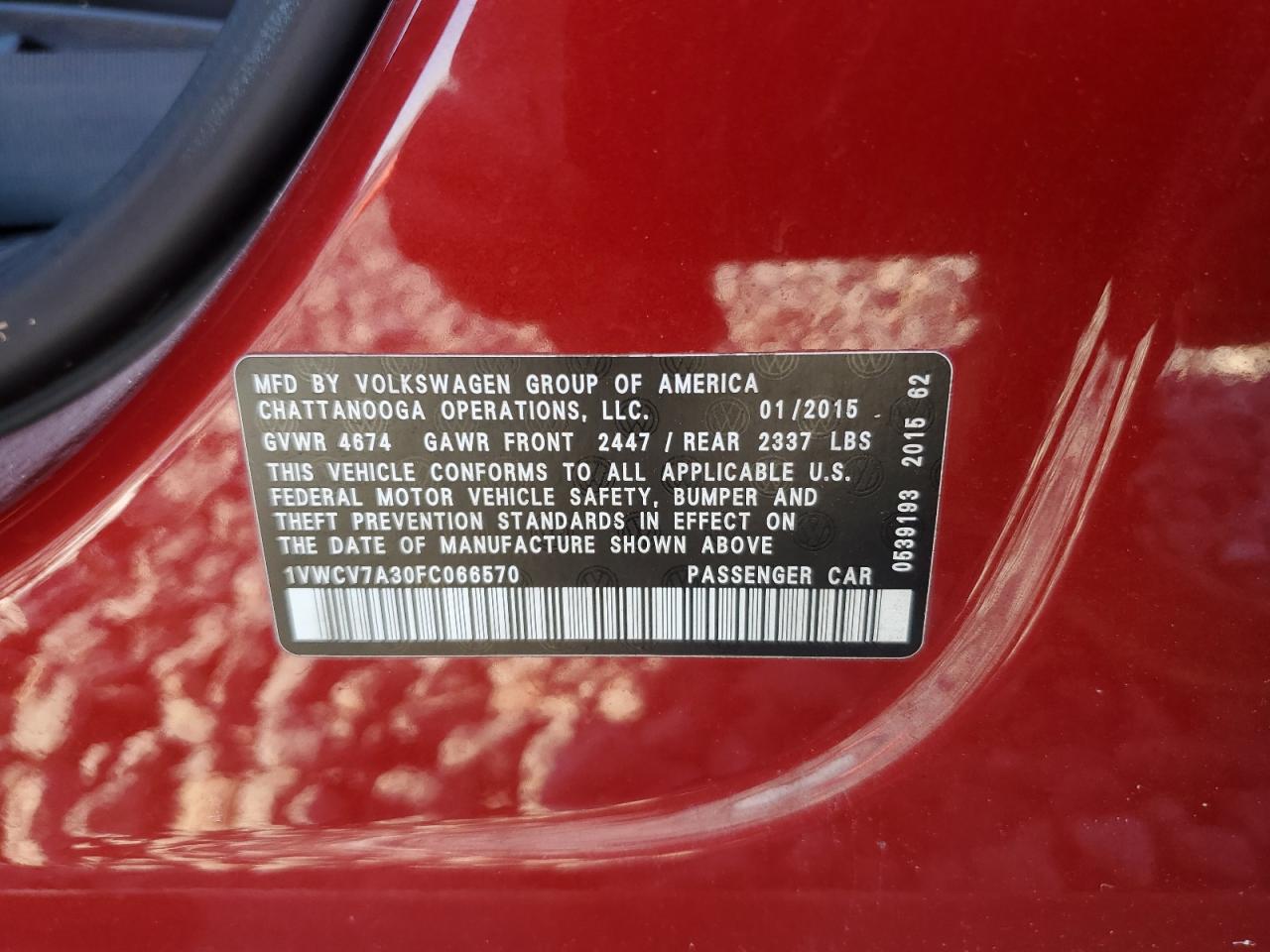 2015 Volkswagen Passat Sel VIN: 1VWCV7A30FC066570 Lot: 83989745