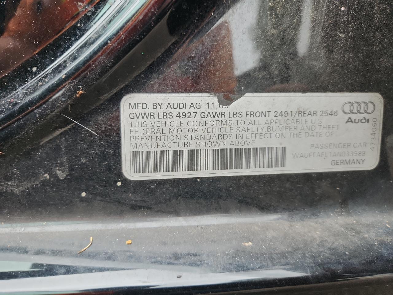 2010 Audi A4 Premium Plus VIN: WAUFFAFL1AN033588 Lot: 84226385