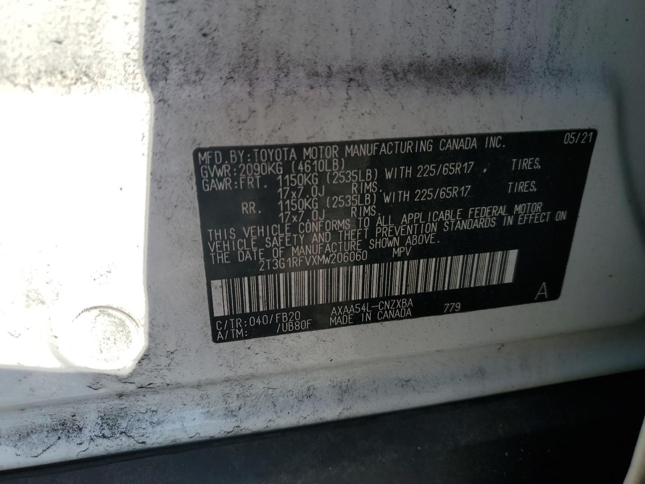 2021 Toyota Rav4 Le VIN: 2T3G1RFVXMW206060 Lot: 80122725