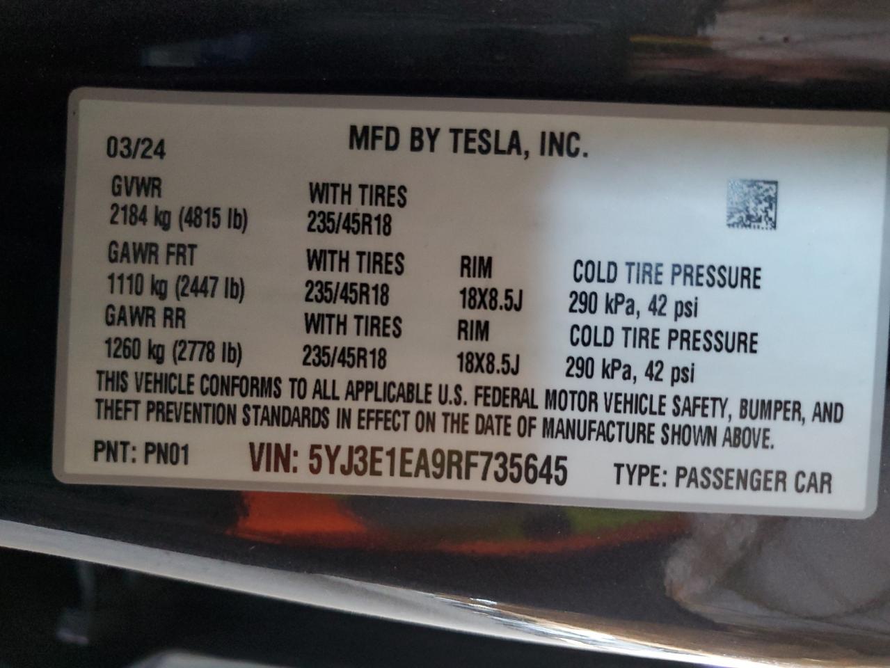 2024 Tesla Model 3 VIN: 5YJ3E1EA9RF735645 Lot: 83875595