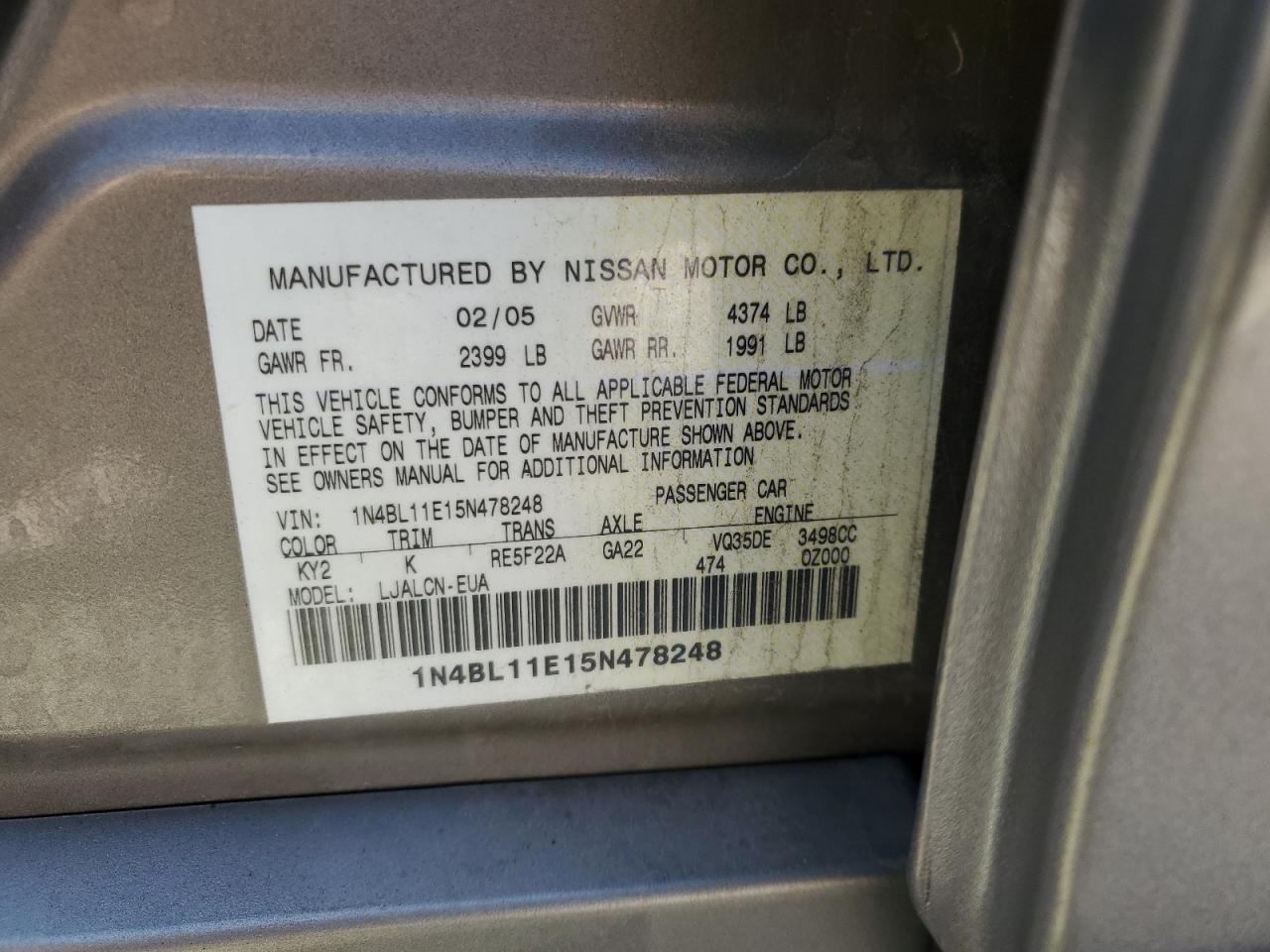 2005 Nissan Altima Se VIN: 1N4BL11E15N478248 Lot: 80318135