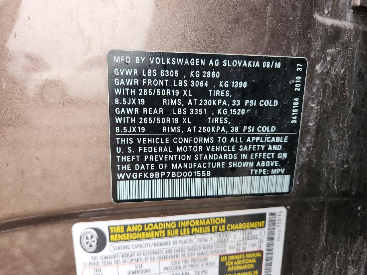 2011 Volkswagen Touareg V6 Tdi VIN: WVGFK9BP7BD001558 Lot: 84272315