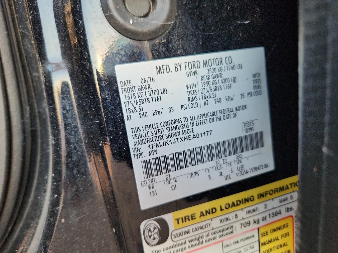 2017 Ford Expedition El Xlt VIN: 1FMJK1JTXHEA01177 Lot: 84793855