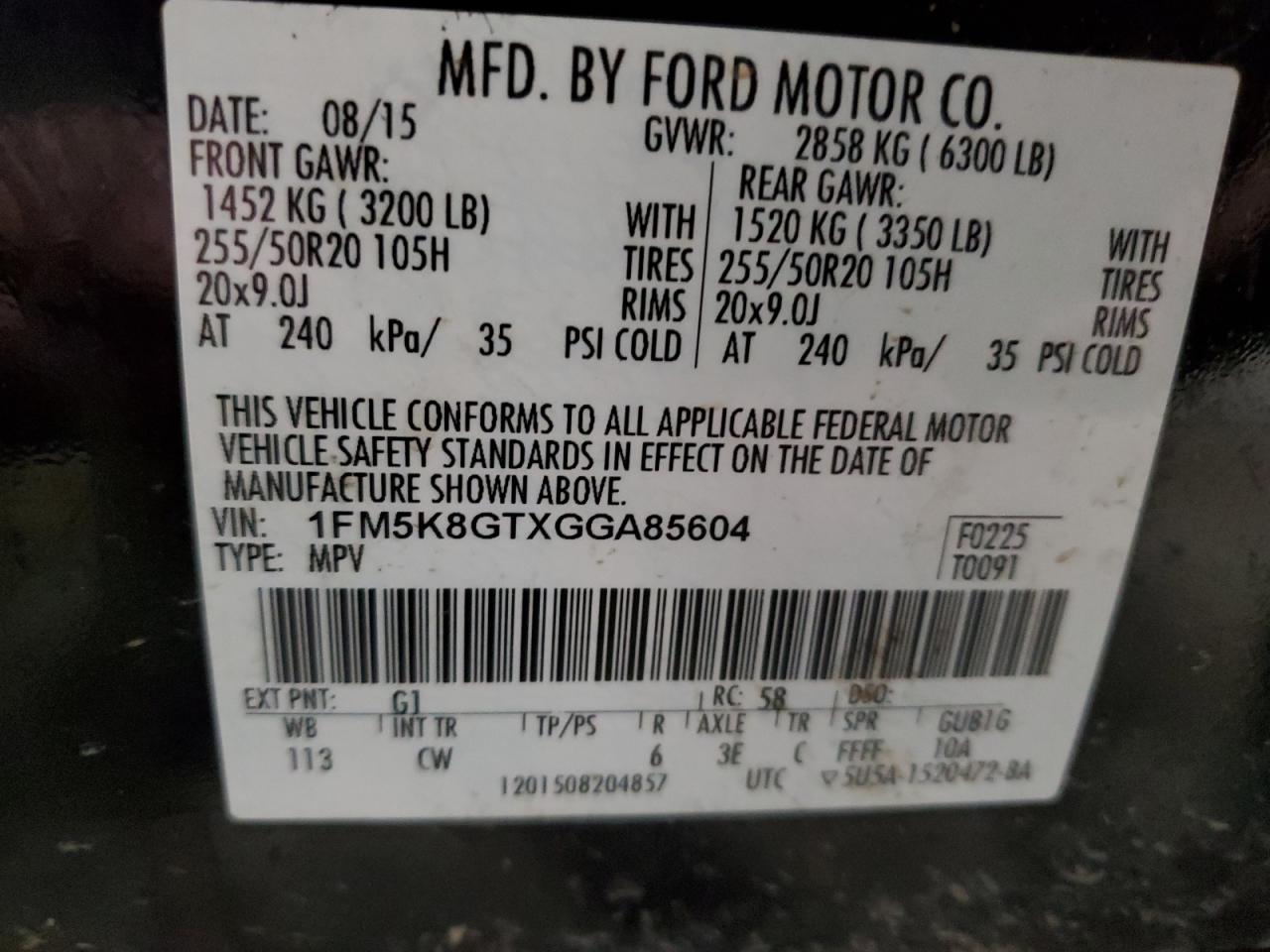 2016 Ford Explorer Sport VIN: 1FM5K8GTXGGA85604 Lot: 80905815