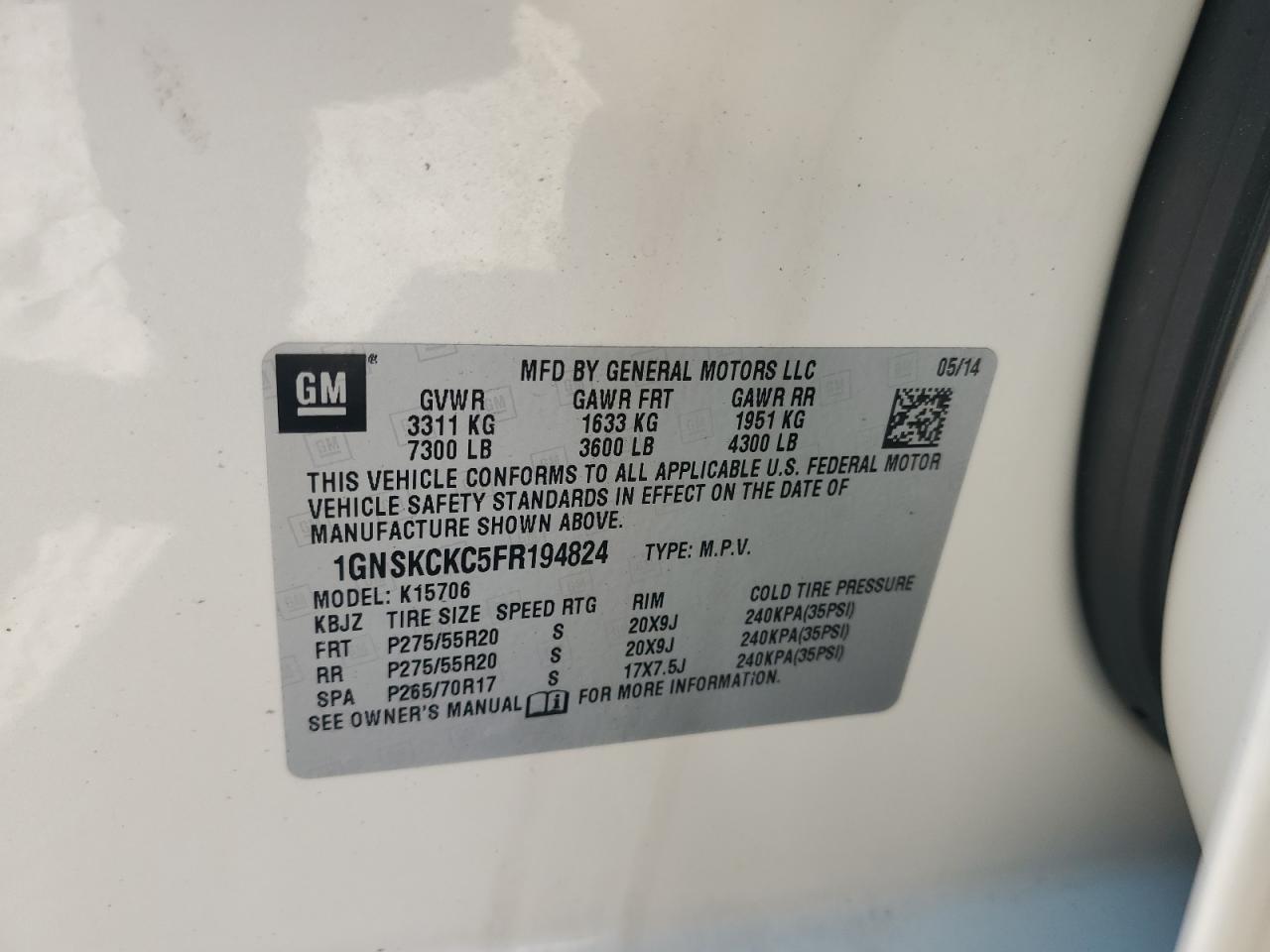 2015 Chevrolet Tahoe K1500 Ltz VIN: 1GNSKCKC5FR194824 Lot: 71463875