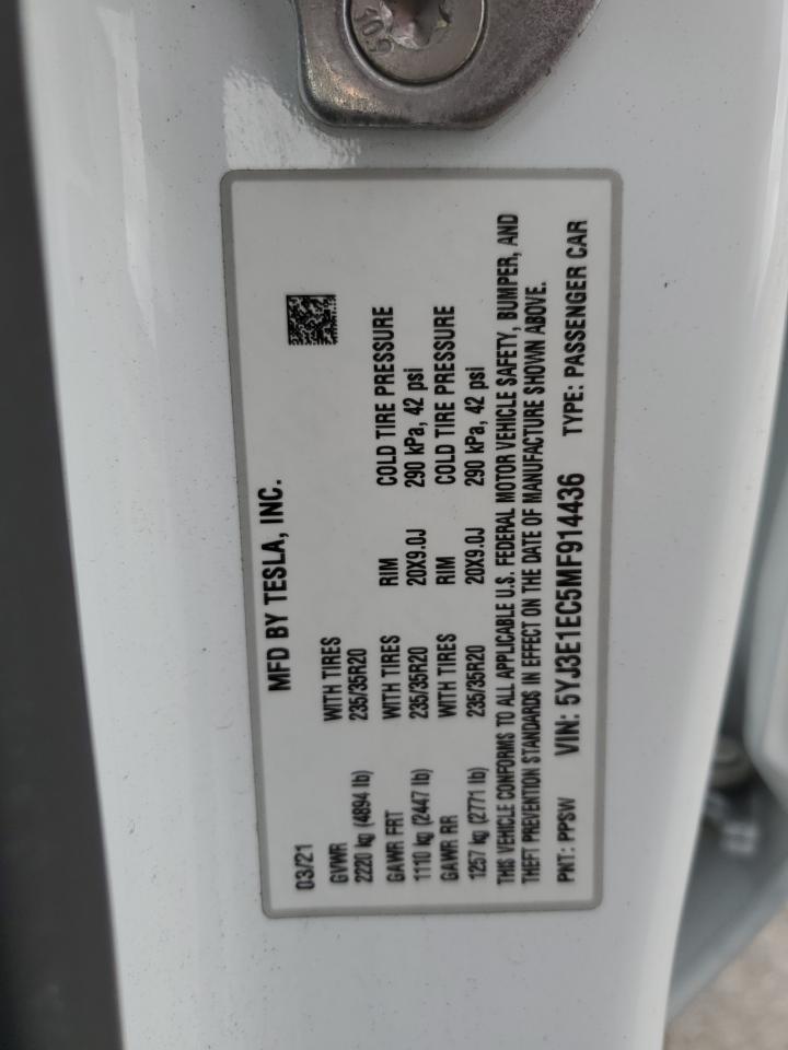 2021 Tesla Model 3 VIN: 5YJ3E1EC5MF914436 Lot: 82107855