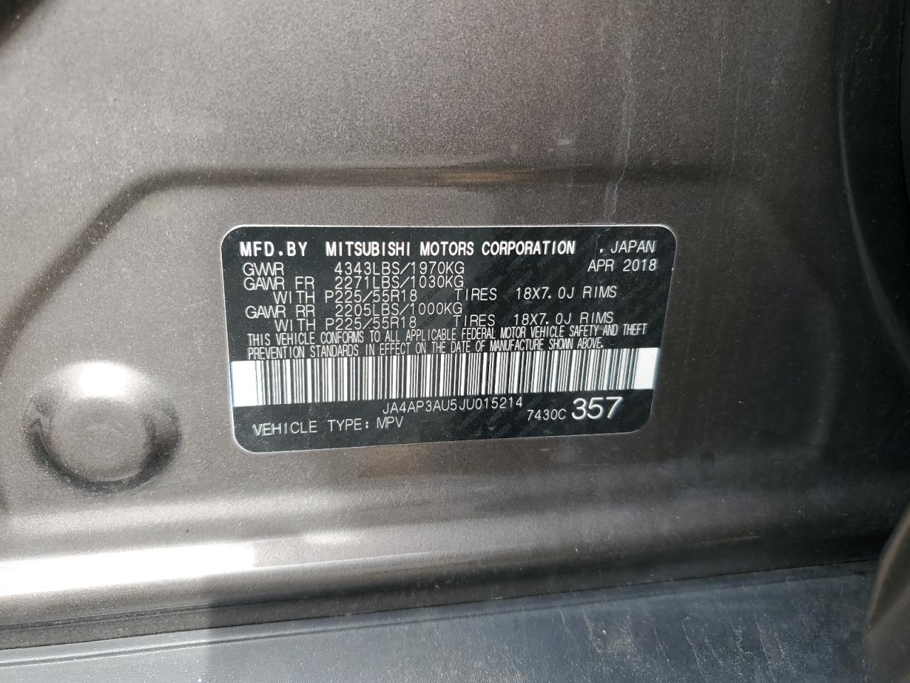 2018 Mitsubishi Outlander Sport Es VIN: JA4AP3AU5JU015214 Lot: 81126155