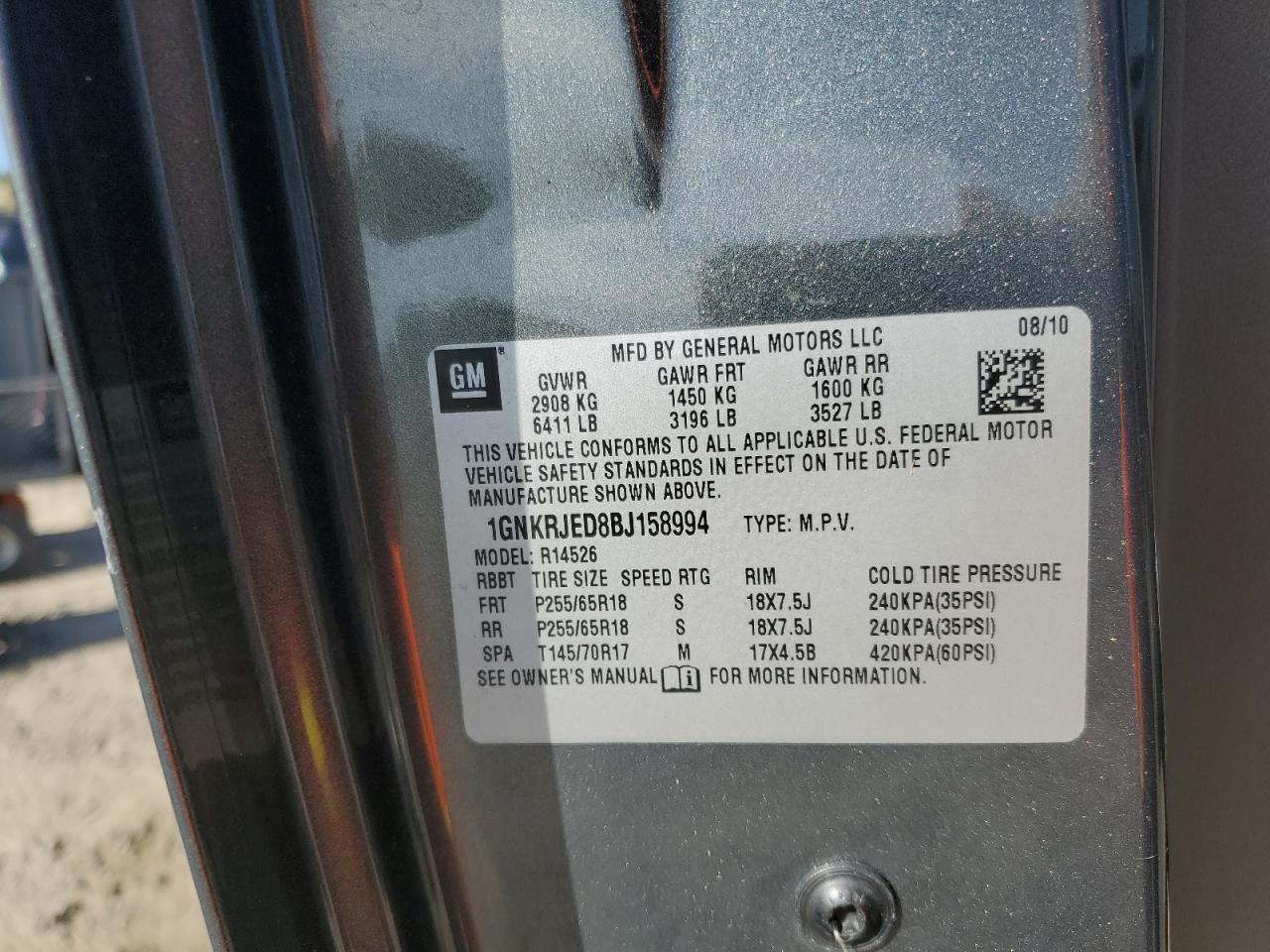 2011 Chevrolet Traverse Lt VIN: 1GNKRJED8BJ158994 Lot: 80035605