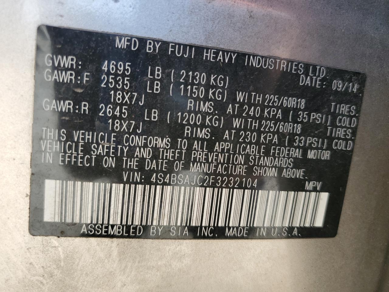 2015 Subaru Outback 2.5I Limited VIN: 4S4BSAJC2F3232104 Lot: 71505065