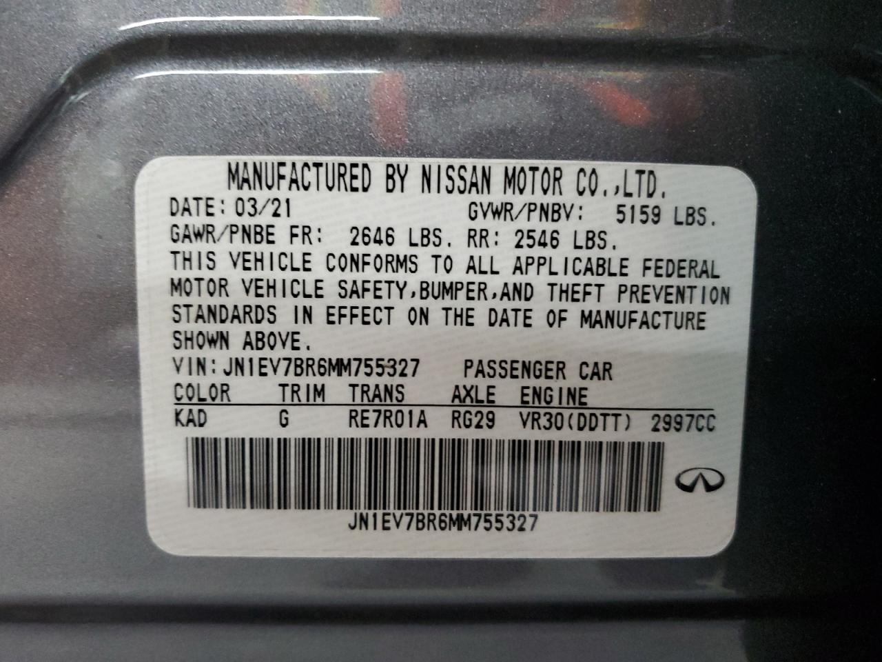 2021 Infiniti Q50 Luxe VIN: JN1EV7BR6MM755327 Lot: 72084845