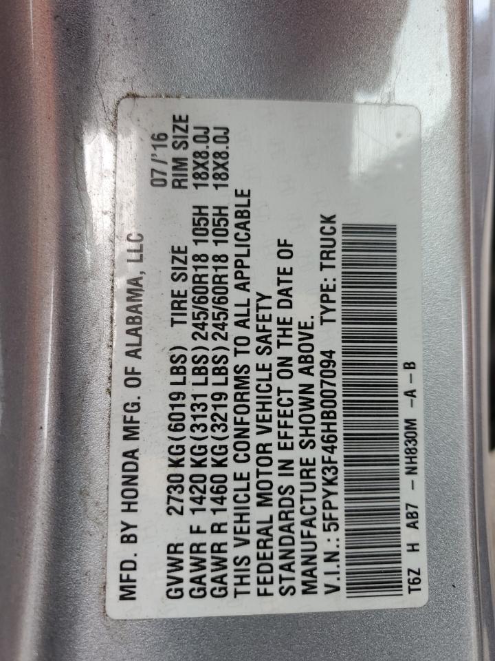 2017 Honda Ridgeline Rts VIN: 5FPYK3F46HB007094 Lot: 81854075