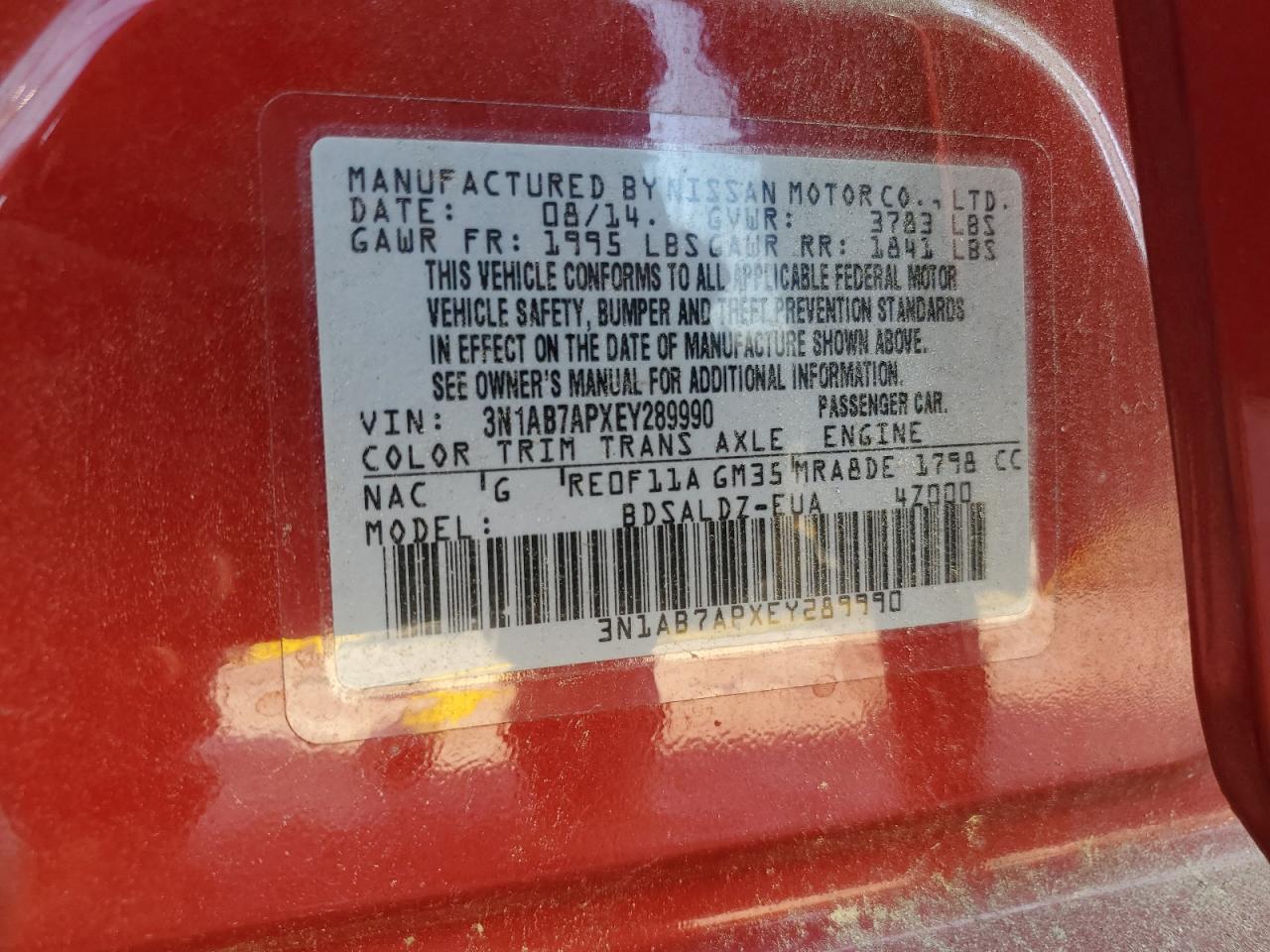 2014 Nissan Sentra S VIN: 3N1AB7APXEY289990 Lot: 81447045