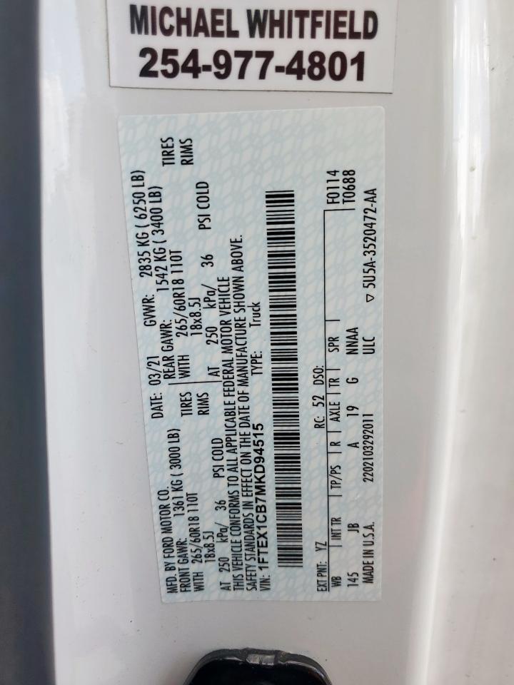 2021 Ford F150 Super Cab VIN: 1FTEX1CB7MKD94515 Lot: 70479945