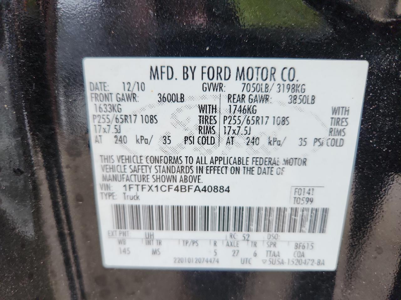 2011 Ford F150 Super Cab VIN: 1FTFX1CF4BFA40884 Lot: 81408145