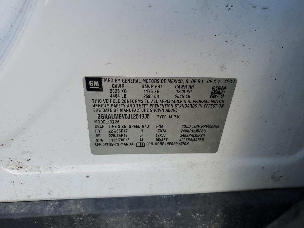 2018 GMC Terrain Sle VIN: 3GKALMEV5JL251905 Lot: 71072235