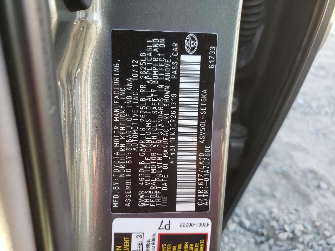 2012 Toyota Camry Base VIN: 4T4BF1FK3CR261319 Lot: 84341525