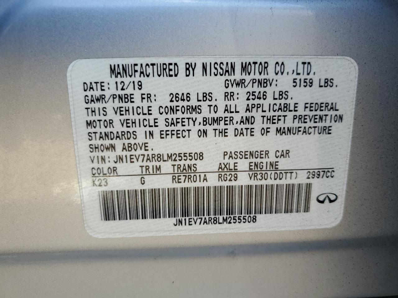 2020 Infiniti Q50 Pure VIN: JN1EV7AR8LM255508 Lot: 70767505