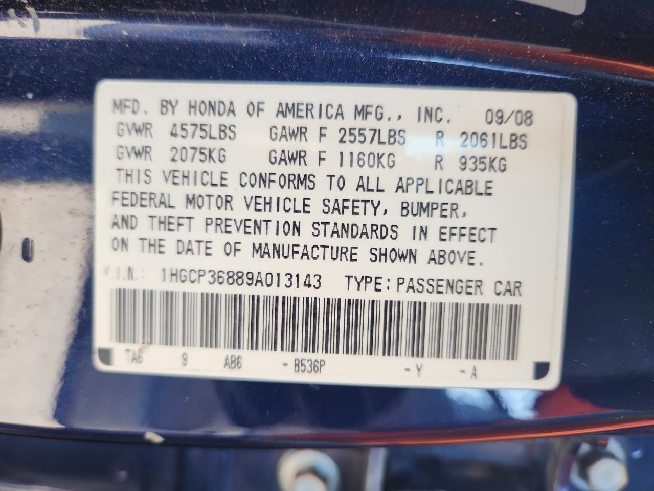 2009 Honda Accord Exl VIN: 1HGCP36889A013143 Lot: 80893075