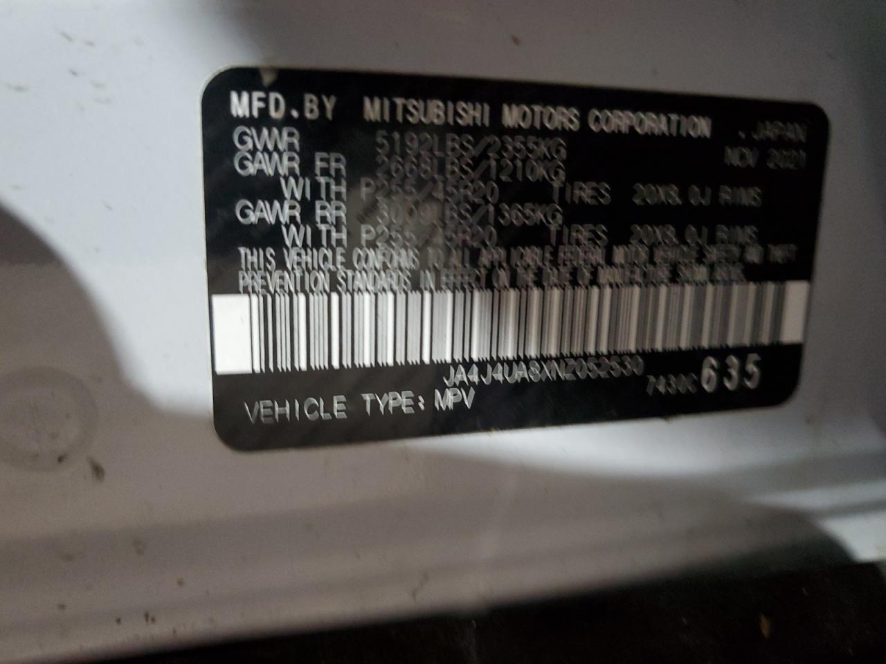 2022 Mitsubishi Outlander Se VIN: JA4J4UA8XNZ052530 Lot: 80167155