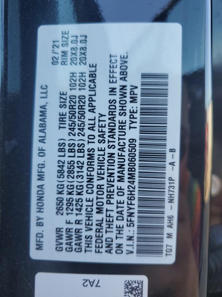 2021 Honda Pilot Se VIN: 5FNYF6H24MB060509 Lot: 81842385