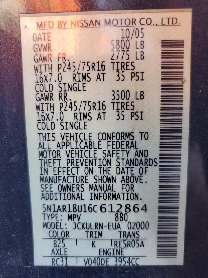 2006 Nissan Pathfinder Le VIN: 5N1AR18U16C612864 Lot: 80303265