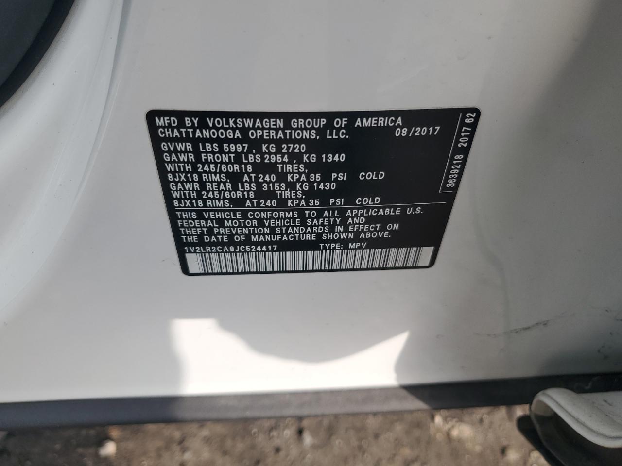 2018 Volkswagen Atlas Se VIN: 1V2LR2CA8JC524417 Lot: 71705945