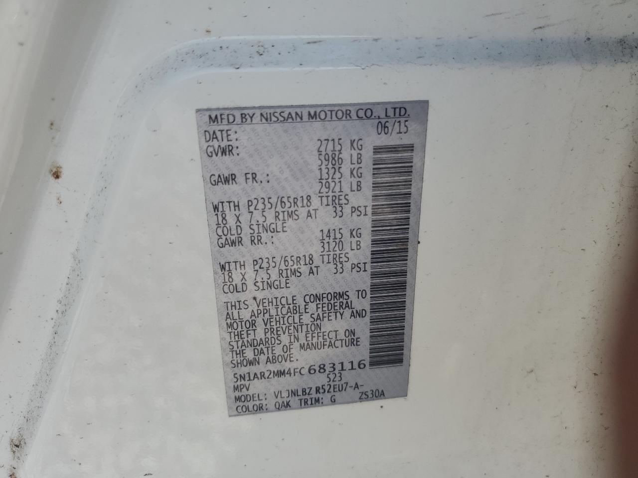 2015 Nissan Pathfinder S VIN: 5N1AR2MM4FC683116 Lot: 80461985