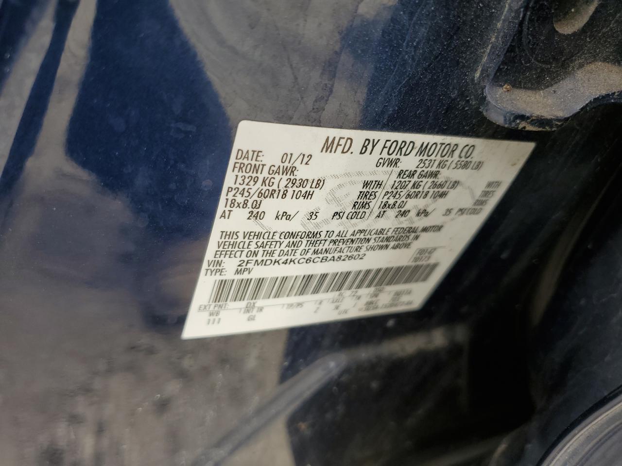 2012 Ford Edge Limited VIN: 2FMDK4KC6CBA82602 Lot: 87308085