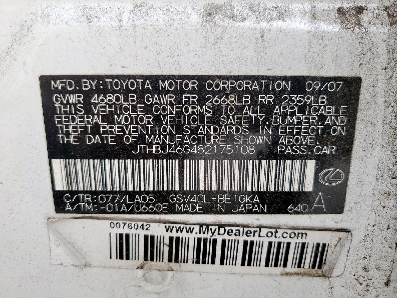 2008 Lexus Es 350 VIN: JTHBJ46G482175108 Lot: 71742245