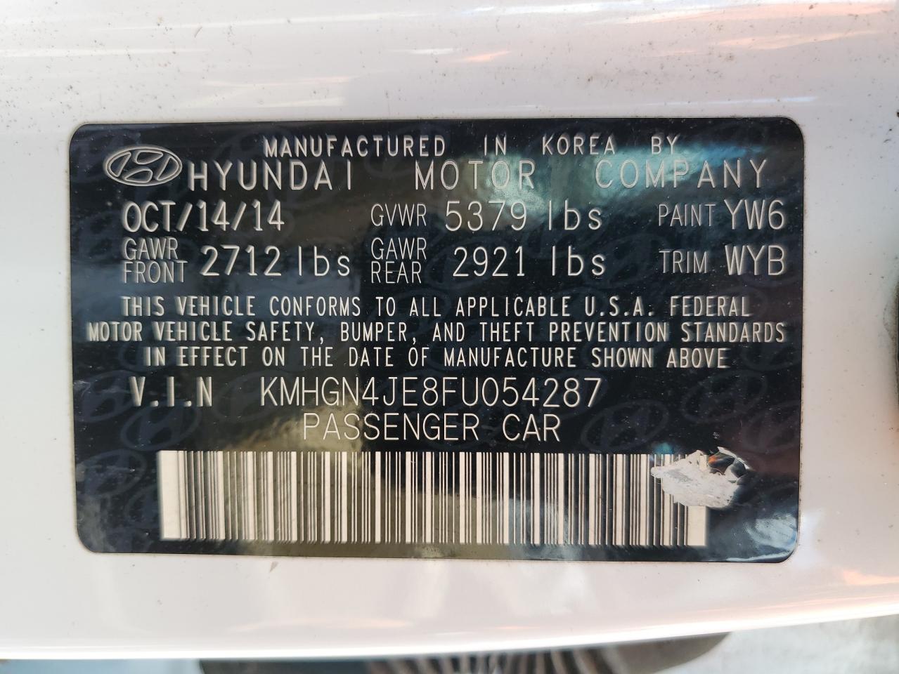 2015 Hyundai Genesis 3.8L VIN: KMHGN4JE8FU054287 Lot: 71394245