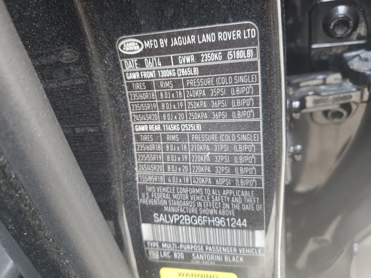 2015 Land Rover Range Rover Evoque Pure Plus VIN: SALVP2BG6FH961244 Lot: 71556475
