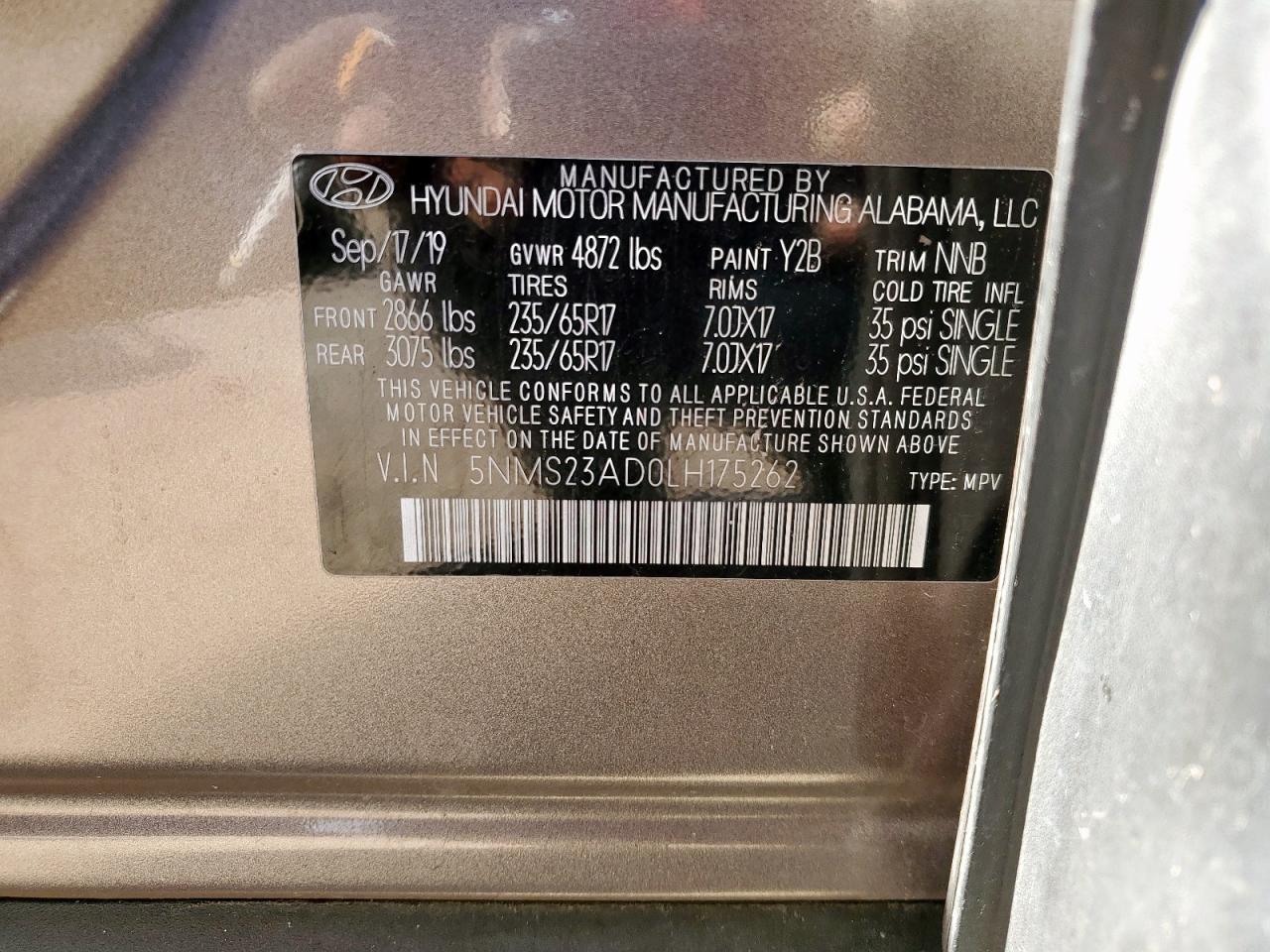 2020 Hyundai Santa Fe Se VIN: 5NMS23AD0LH175262 Lot: 84426825