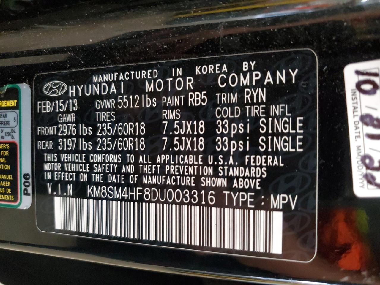 2013 Hyundai Santa Fe Gls VIN: KM8SM4HF8DU003316 Lot: 81712995