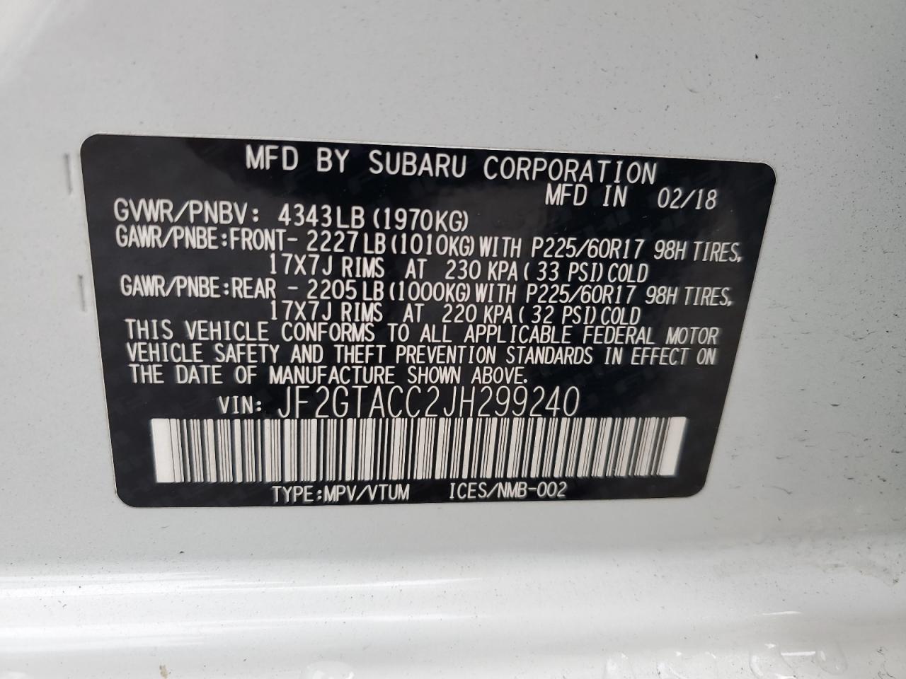 2018 Subaru Crosstrek Premium VIN: JF2GTACC2JH299240 Lot: 83956085