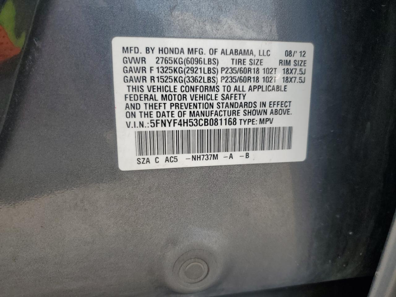 2012 Honda Pilot Exl VIN: 5FNYF4H53CB081168 Lot: 71902755