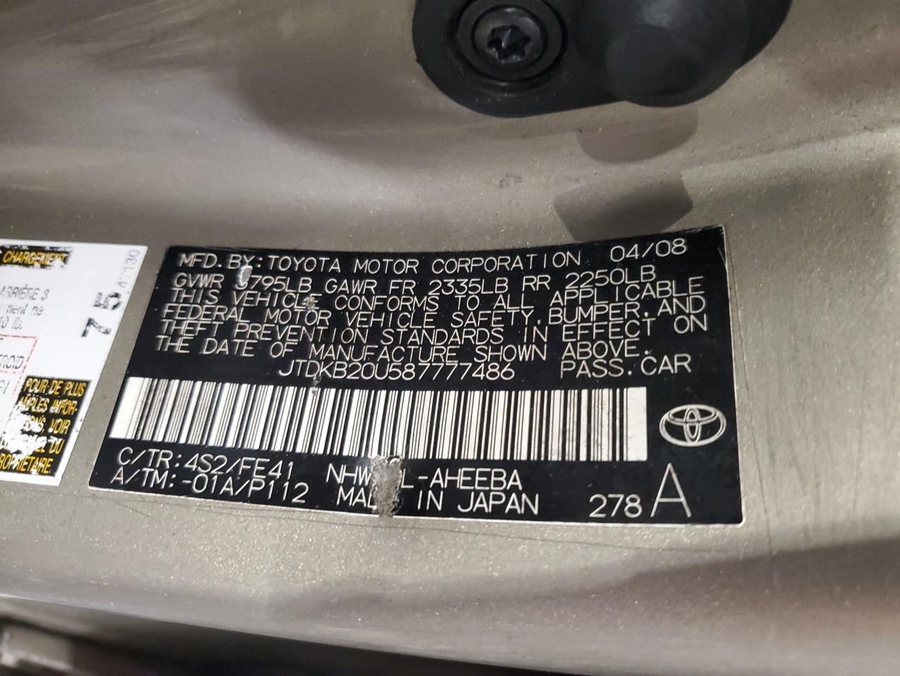 2008 Toyota Prius VIN: JTDKB20U587777486 Lot: 81799255