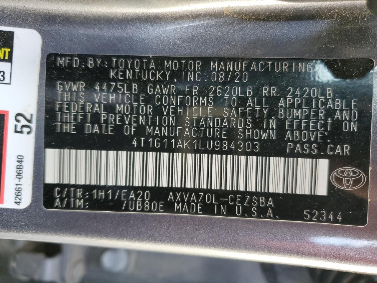 2020 Toyota Camry Se VIN: 4T1G11AK1LU984303 Lot: 71690025