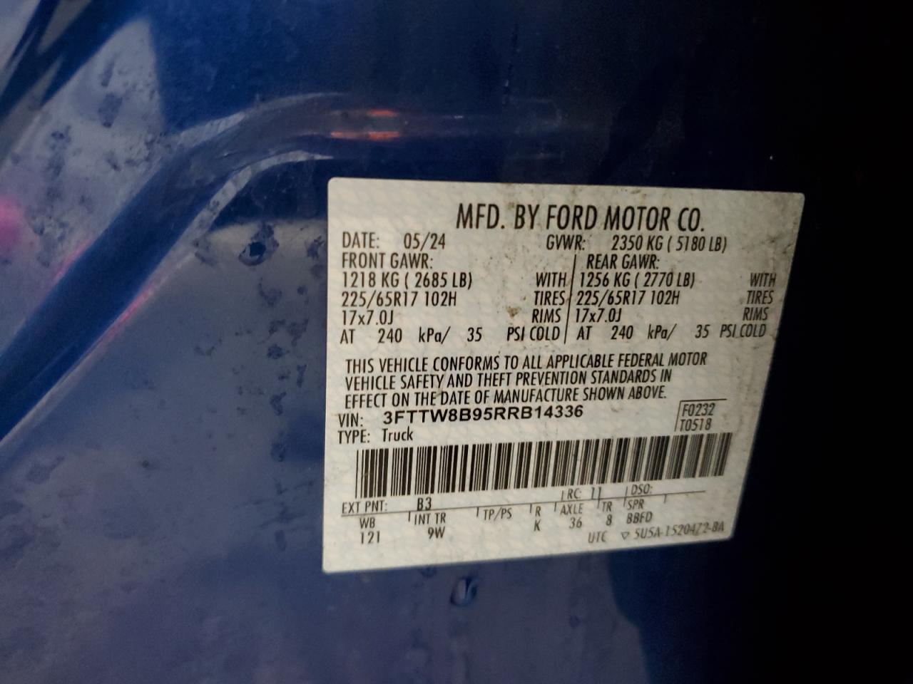 2024 Ford Maverick Xl VIN: 3FTTW8B95RRB14336 Lot: 84169305