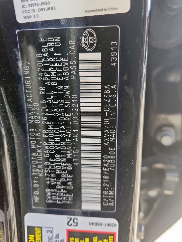 2020 Toyota Camry Se VIN: 4T1G11AK1LU352210 Lot: 81794285