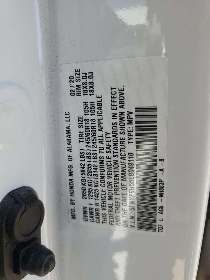 2020 Honda Pilot Exl VIN: 5FNYF6H55LB049110 Lot: 83876845