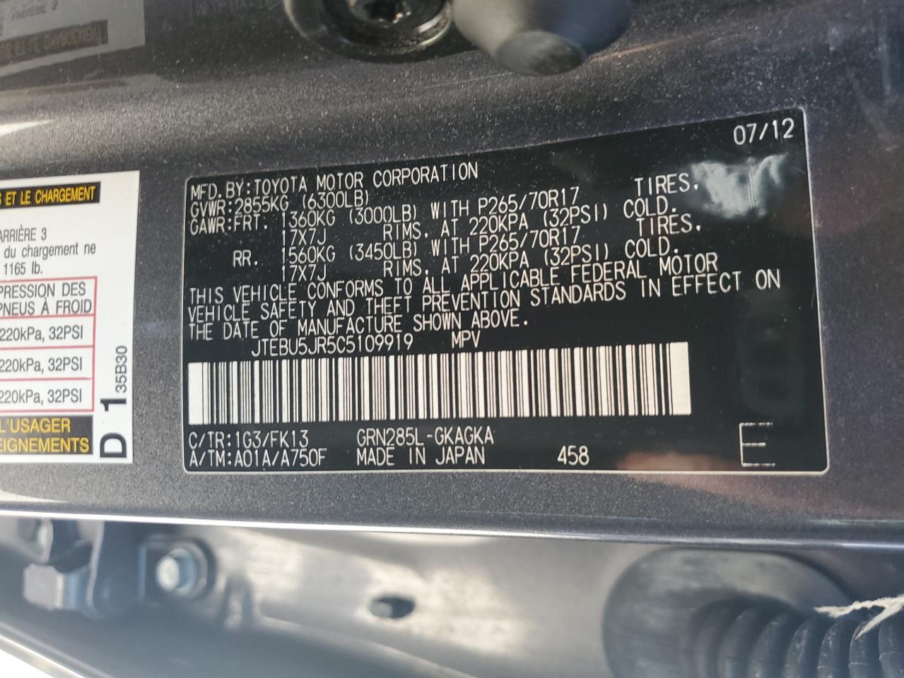 2012 Toyota 4Runner Sr5 VIN: JTEBU5JR5C5109919 Lot: 71641505