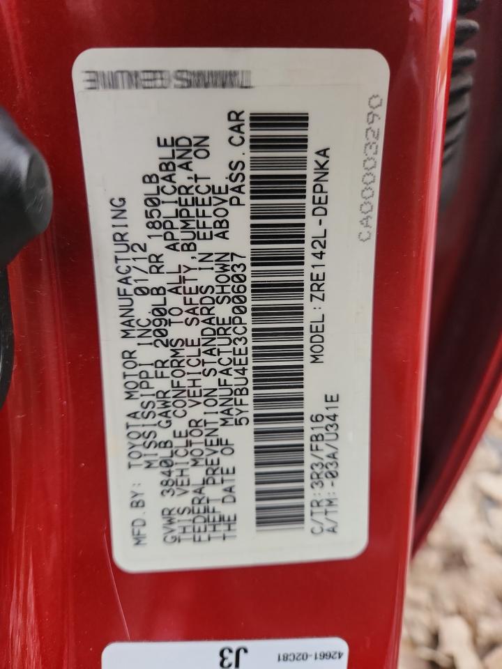 2012 Toyota Corolla Base VIN: 5YFBU4EE3CP006037 Lot: 81512375