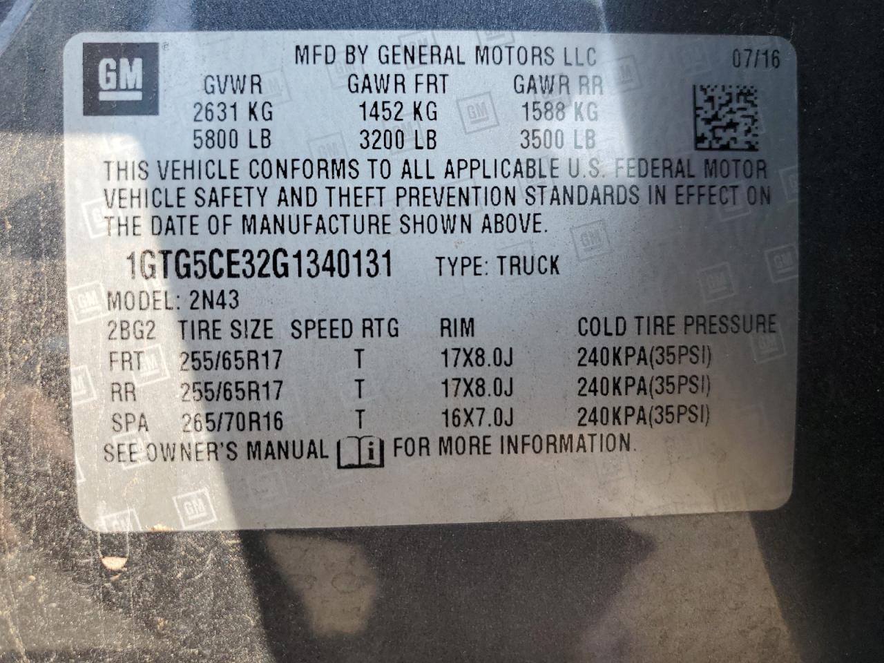 2016 GMC Canyon Sle VIN: 1GTG5CE32G1340131 Lot: 81508855