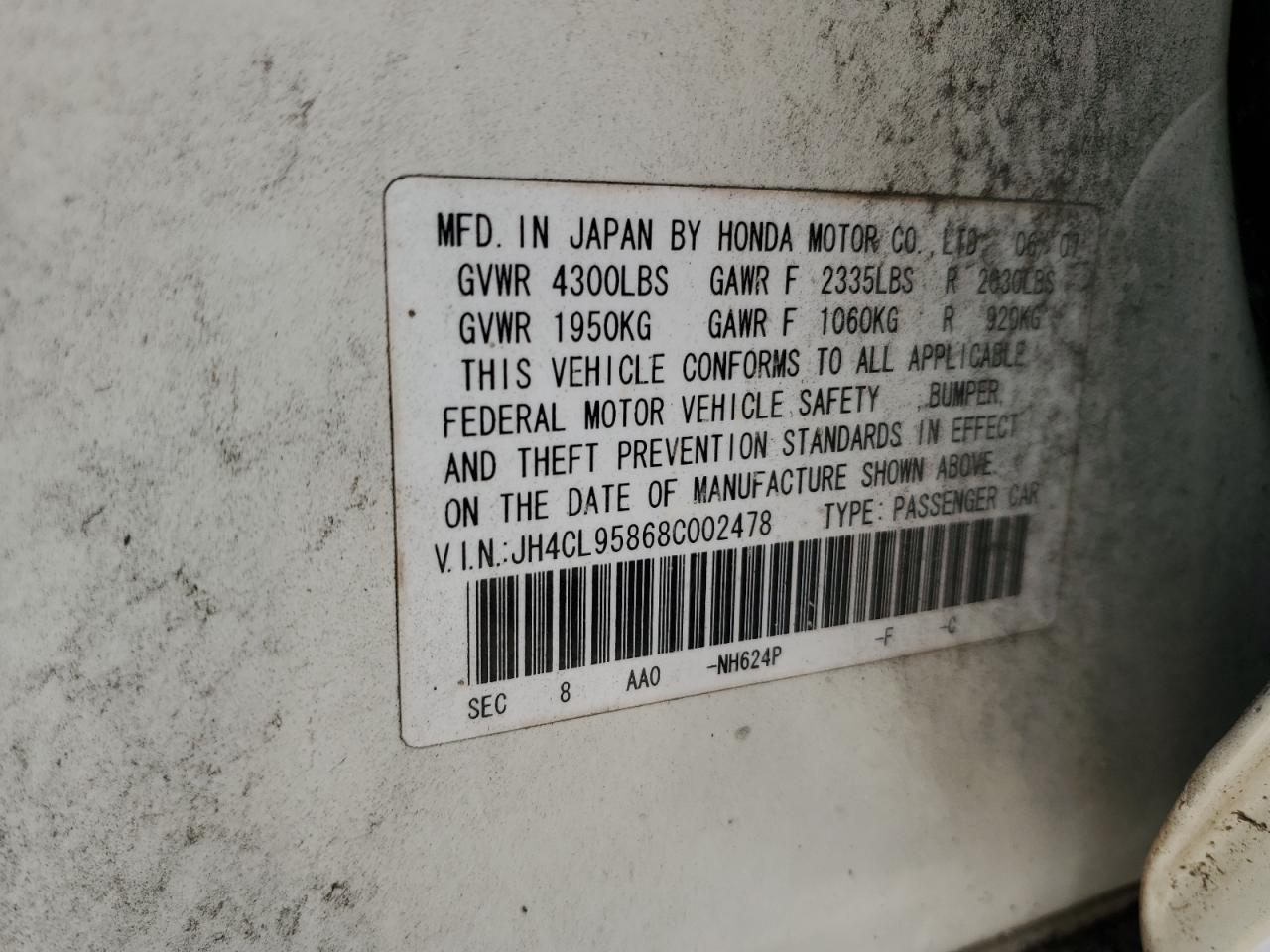 2008 Acura Tsx VIN: JH4CL95868C002478 Lot: 71087985